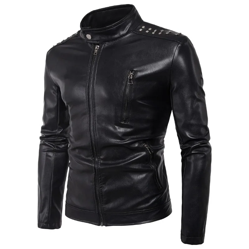 Men Spring and Autumn New Solid Color Rivet Leather Clothing Korean Style Slim Large Size Stand Collar Leather Jacket Coat