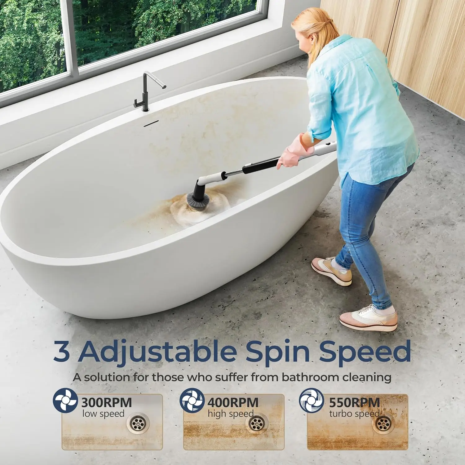 Electric Spin Scrubber Kh8,Cordless Shower Scrubber, 4 Replacement Head, 1.5H Bathroom Scrubber Dual Speed, Shower Clean