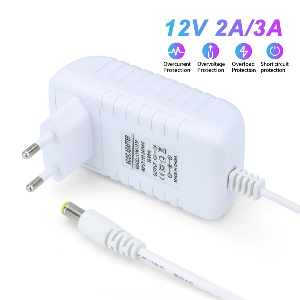 Alimentatore 12V 3A 36W Per Strisce LED E Router | Adattatore Di Corrente Universale Con Spina 5.5x2.5 Mm | Cavo 1m, Protezioni