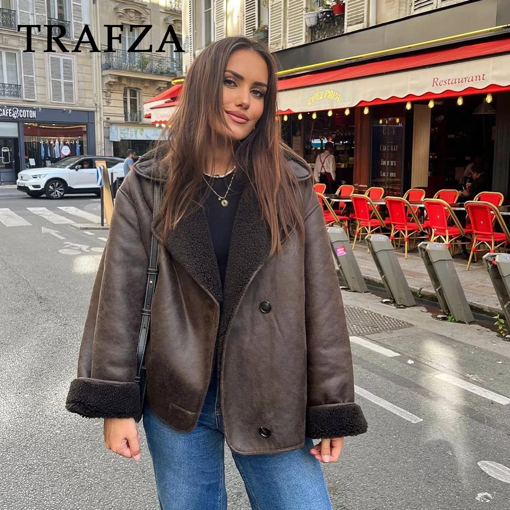 TRAFZA 2023 Autum Winter Vintage Woman Leather Coats Loose Fur Women Jacket Single Breasted Pocket Thick Casual Jackets Parkas