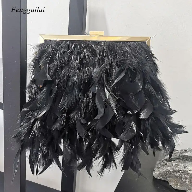 Autumn Winter Luxury Real Ostrich Feather Handbag Women Evening Bags Purse Pink White Dinner Party Clutches Ladies Messenger Bag
