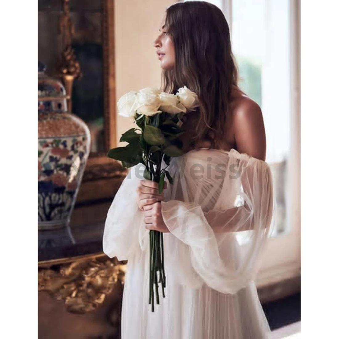 Women's Puffy Long Sleeve Wedding Dresses with Slit Off Shoulder Tulle Wedding Formal Evening Gowns Customized 4