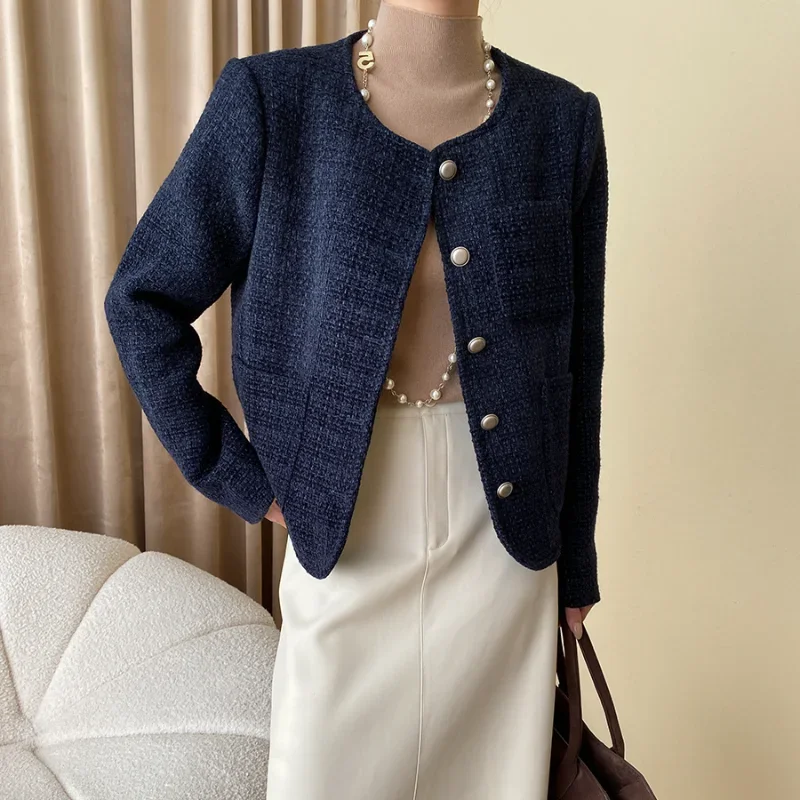 Simple Loose Blue Woven Tweed Coat Women with Small Fragrance French Vintage Temperament Long Sleeve O Neck Casual Female Jacket [fila]filasport loose fit woven pants