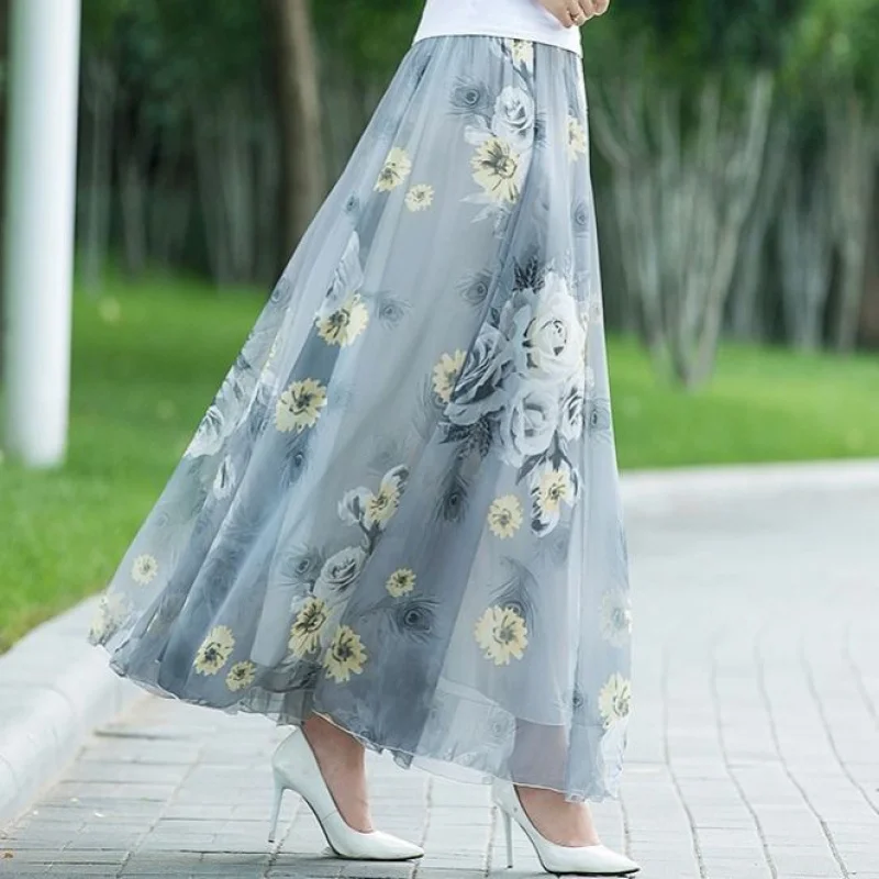 ZMZBCH Summer Autumn High Waist Skirts Womens Elastic Waist Full Long Skirt Print A-Line Mother Dance Skirts Swing Chiffon Skirt 6