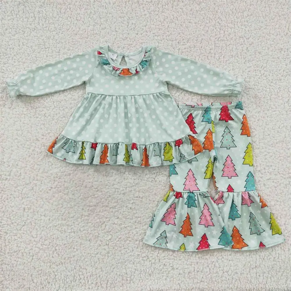 WholesaleToddlerKidsChristmasSetLongSleevesDotsGreenRuffleTunicChildrenOutfitBaby