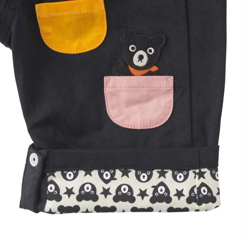 Boys' Trousers New Children's Cartoon Black Bear Color Pocket Embroidered Bib Jeans