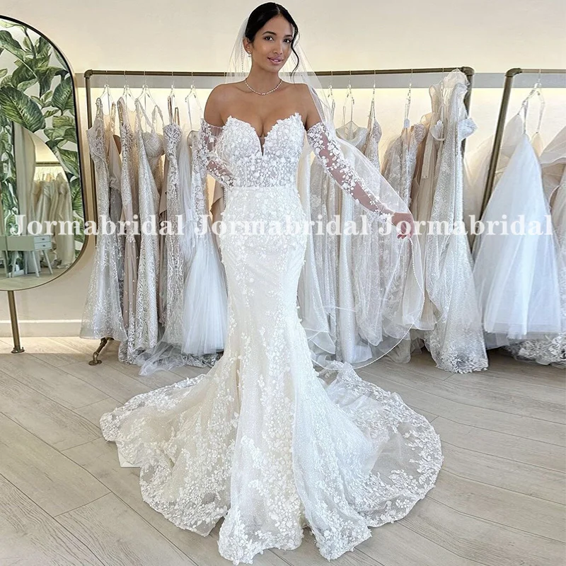 

White Mermaid Wedding Dresses with Detachable Long Sleeves Glitter Tulle Floral Lace Appliqués Bridal Gowns Country Bride Dress