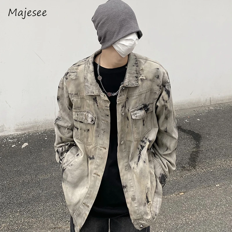 

Denim Jackets Men Retro Youthful Streetwear American Style Tie Dye Temperament Multi Pockets Spring Autumn Teenagers Overcoats