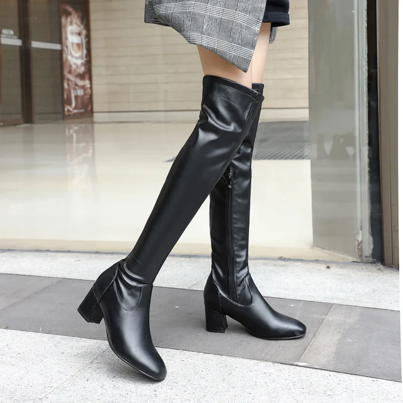New cowhide Leather Over-the-Knee Boots Women Fashion Shoes Platform High-Heel Boots Chunky Black Boots Autumn Winter Large size