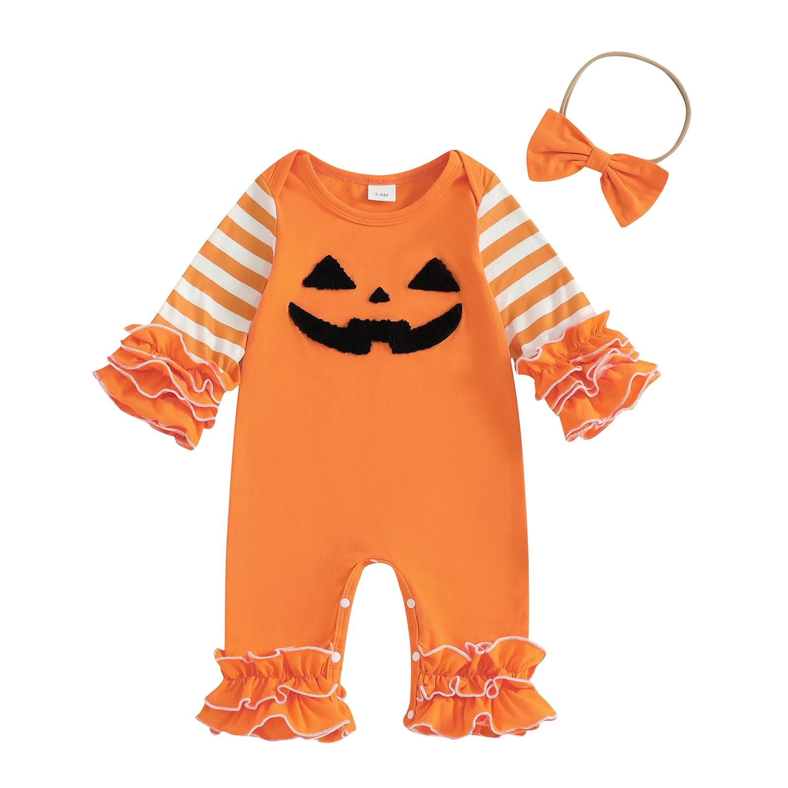 Baby Mädchen Halloween Strampler Kürbis Geist Stickerei Gestreifte Langarm Overalls und Niedliches Stirnband Set für Kleinkinder