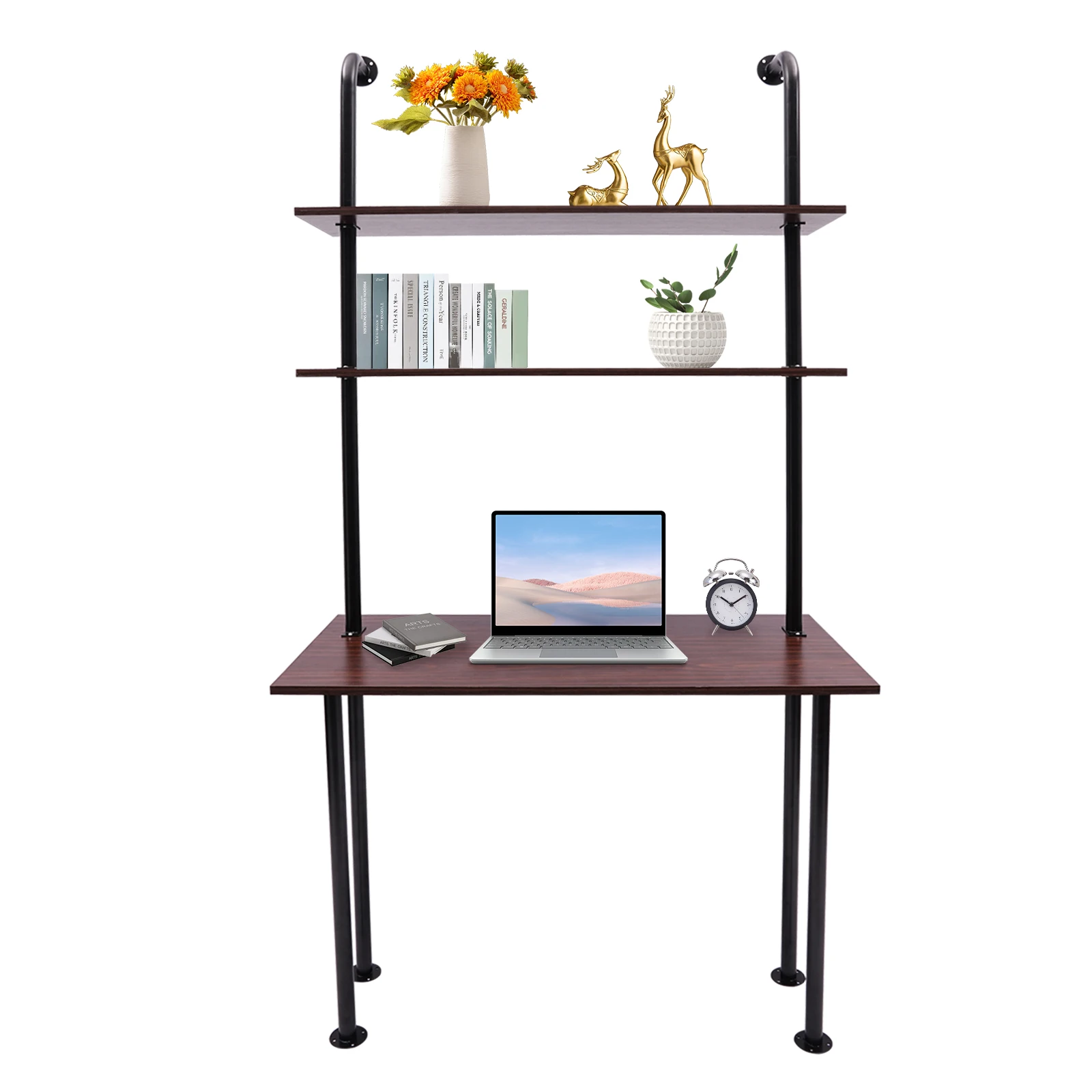 2-Shelf Laptop Desk with Shelves Wall Mount Desk with Power Strip Modern Computer Writing Table for Work Platform Ladder Desk 2