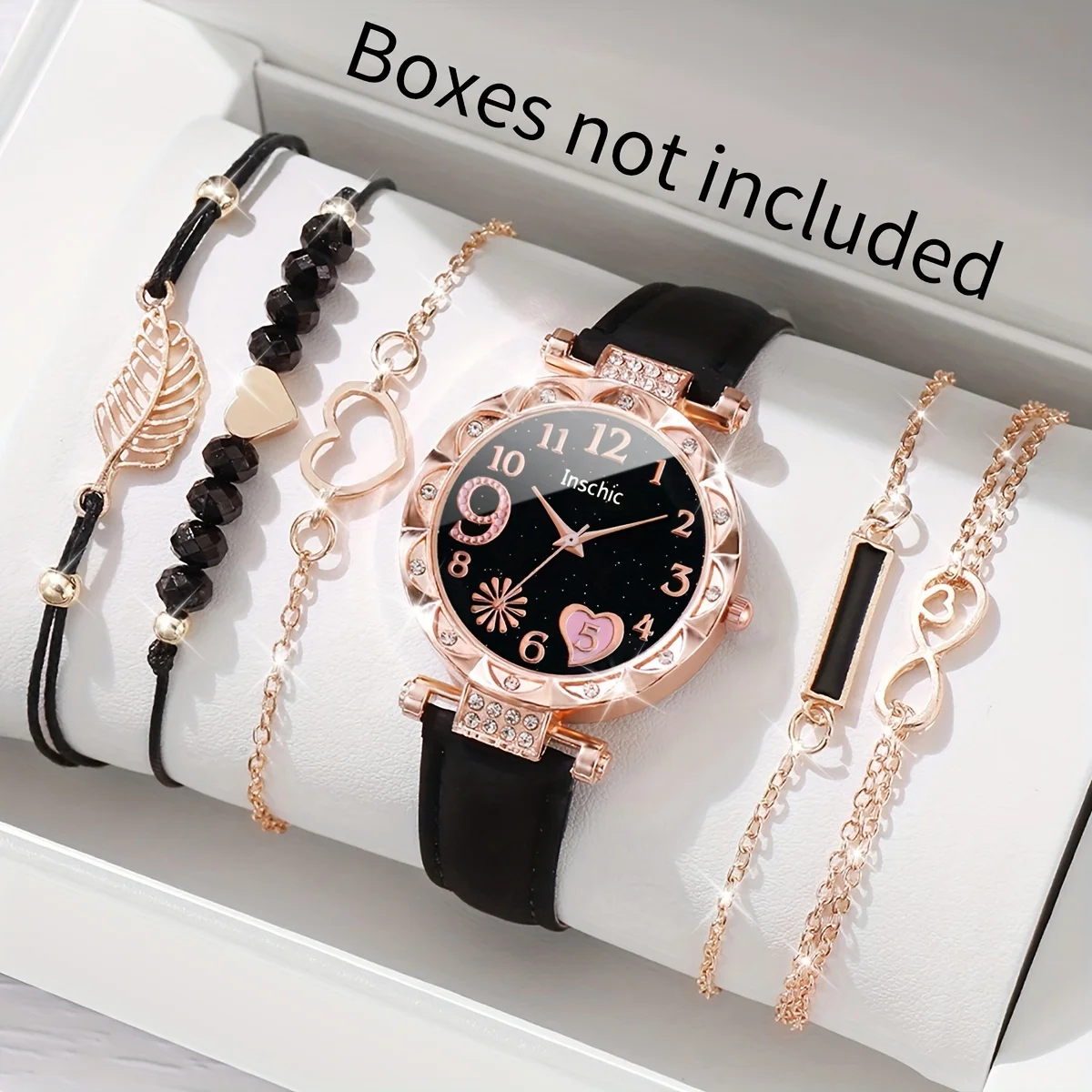 Women watches 6PCS Fashion Women Watches Luxury Rhinestone Heart Dial Ladies Leather Band Quartz Watch Bracelets Set
