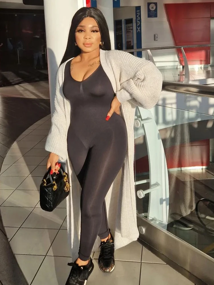 Mono negro de mujer de primavera, de manga larga, con cuello en V, ajustado, de una pieza, elástico, para fitness, mono sexy