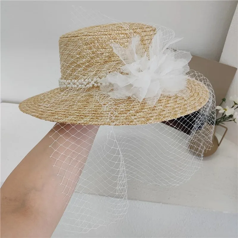 

202309-shi ins chic summer big lace flower pearl ribbon natural straw lady fedoras cap women leisure panama jazz hat