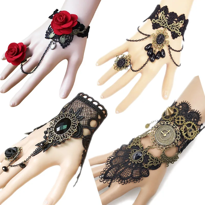 Disfraz Gotica Accesorios De Halloween Steampunk Para Mujer - 5 Piezas De Disfraz Gótico, Guantes De Encaje Negro, Collar, Antifaz Para El Pelo Halloween Complementos