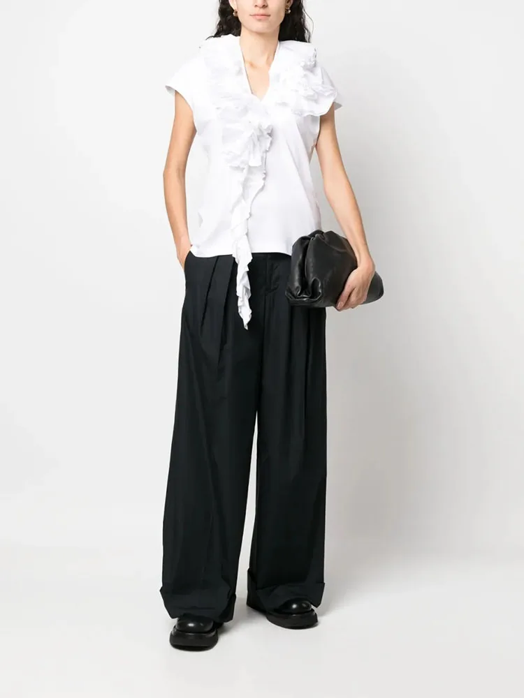 

y2k summer pleated applique cotton v-neck short sleeve t-shirt2023 versatile loose casual wooden ear stitching Woman clothing