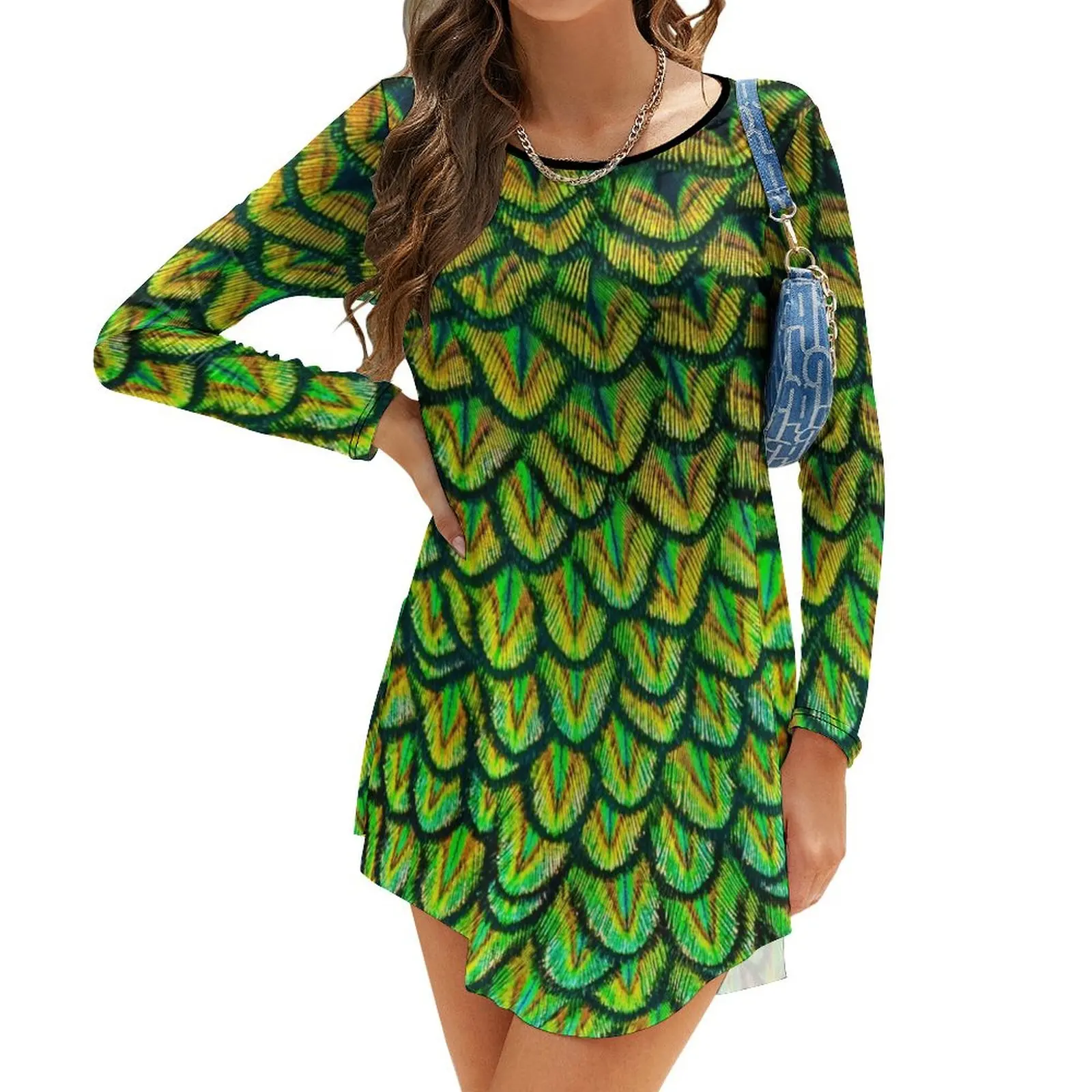 

Beautiful Peacock Feathers Long-Sleeve Dress Bridesmaid dress woman evening dresses ladies