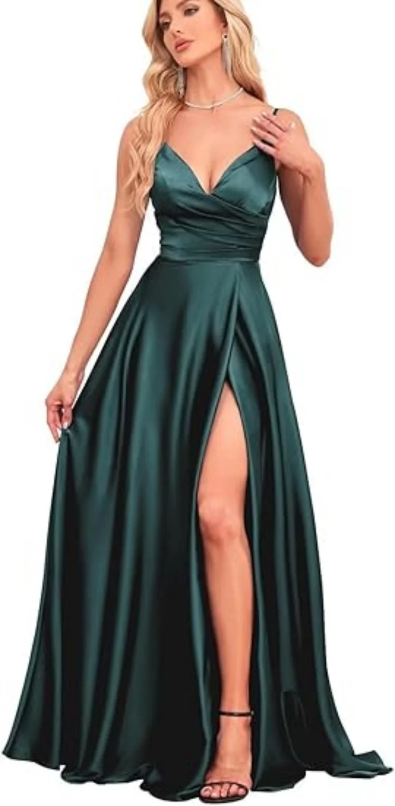 Satin Bridesmaid Dresses with Slit A Line Spaghetti Strap Formal Prom Evening Party Gown with Pocket V Neck Long Ball Gown