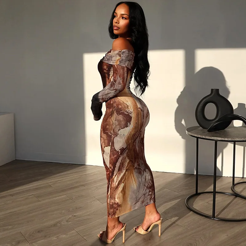 Spring New Women's Off-shoulder One-word Collar Long-sleeved Bodycon Dress Fashion Tie-dye Slim-fit Autumn Women's Casual Dress