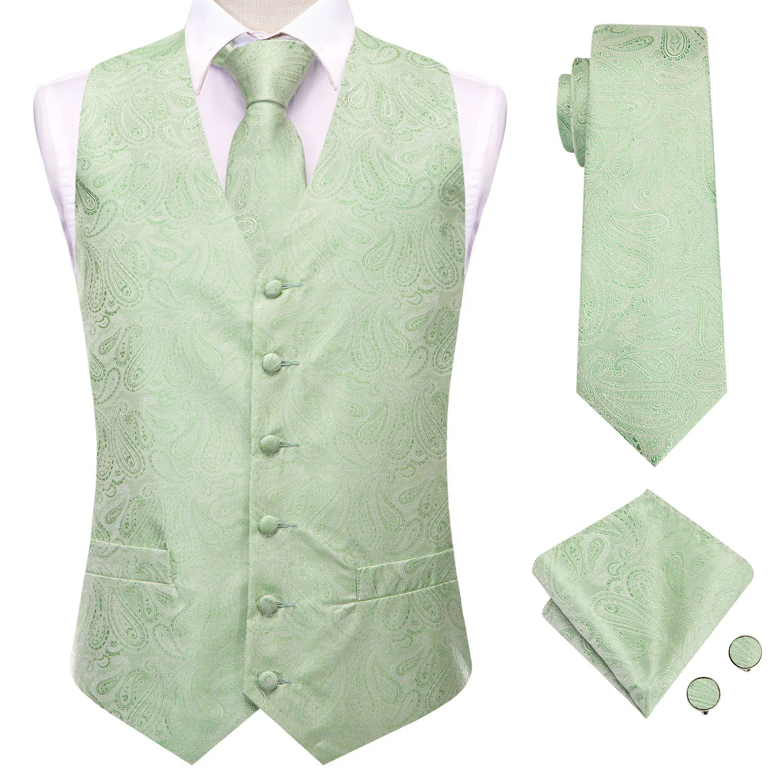 

Light Green Mens Vest Fashion Silk Paisley Necktie Handkerchief Cufflinks Sleeveless Suit Waistcoat Set Business Designer Hi-Tie