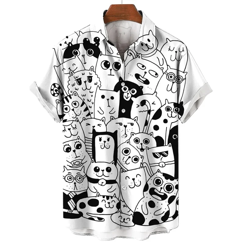 Camisa con estampado de gato en 3D para hombre, camisa hawaiana holgada de manga corta con botones, ropa de playa para vacaciones, ropa para niños