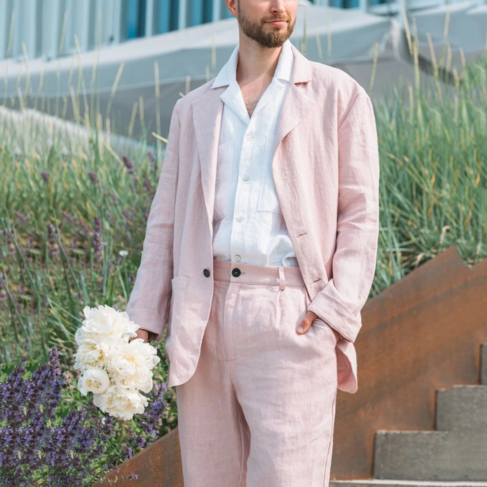 2023 New Fashion Pink Men Suits Notched Lapel Two Buttons 2 Pieces Male Suits Groomsmen Bridegroom Wedding Tuxedos Costume Homme