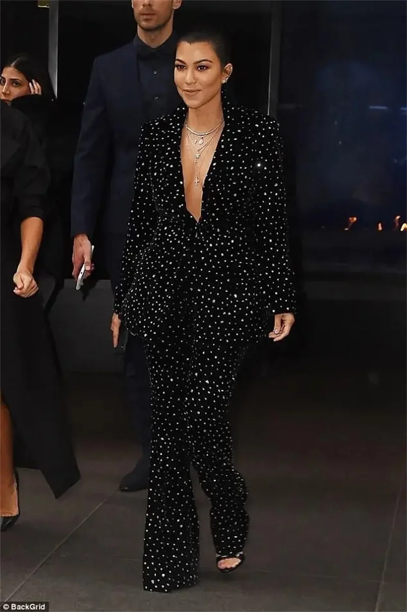 Sexy Women Suits 2 Pieces Velvet One Button Blazer Pants Beading Diamonds Prom Work Wear Party Slim Plus Size Costume Homme