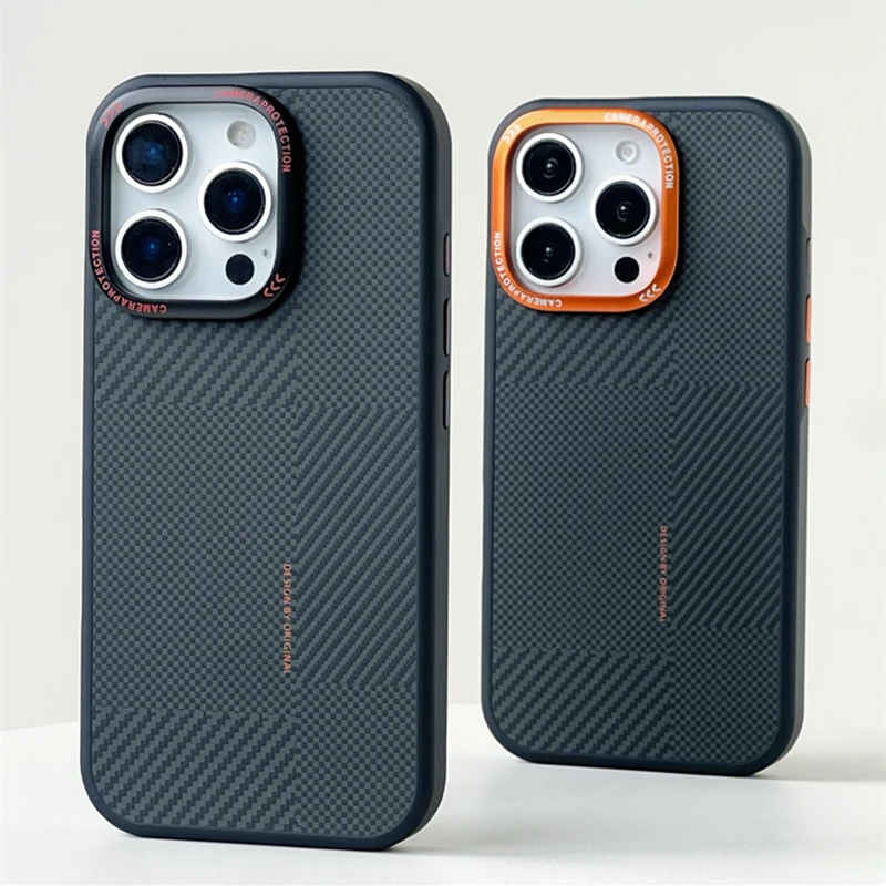 Magnetic Carbon Fiber Texture MagSafe Phone Case with Alloy Lens and Wireless Charging Capability