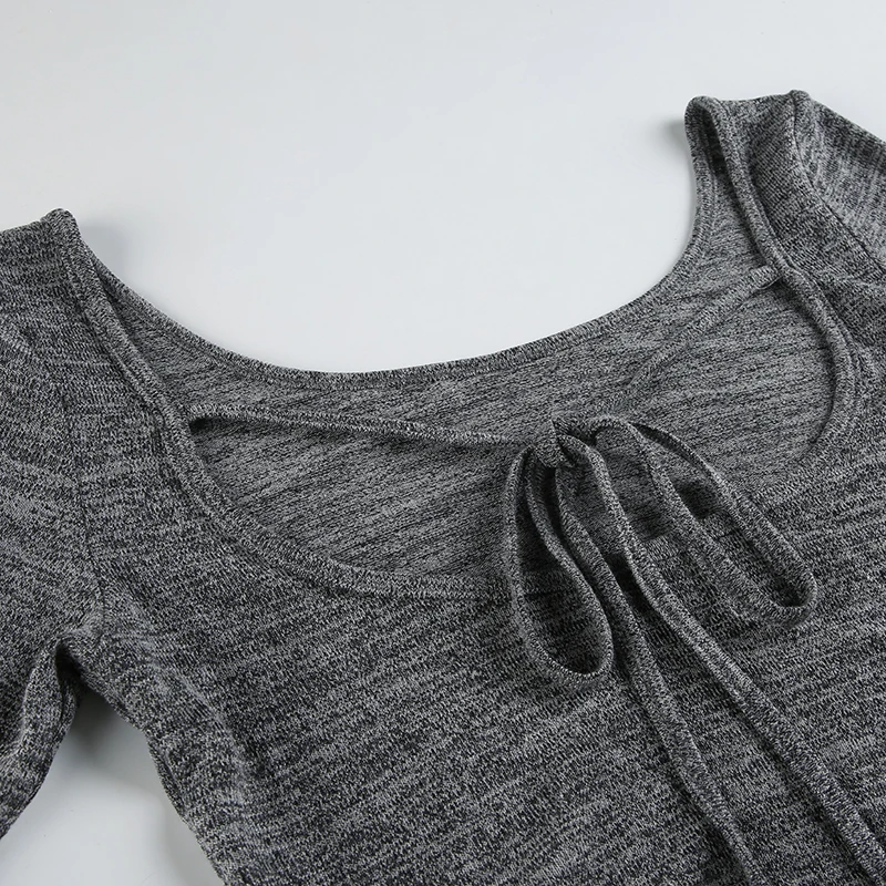 Women Long Sleeve Knitted Top Backless Lace-up Fashion Korean Side Split Fitted Tee Shirt Autumn Outfits Streetwear