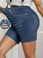 Plus Size High Waisted Bike Shorts Women's Faux Denim Printed Stretch Leggings Comfortable Casual Fashion