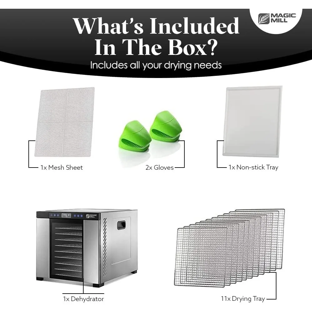 Food Dehydrator Machine 11 Stainless Steel Trays Adjustable Timer and Temperature Control