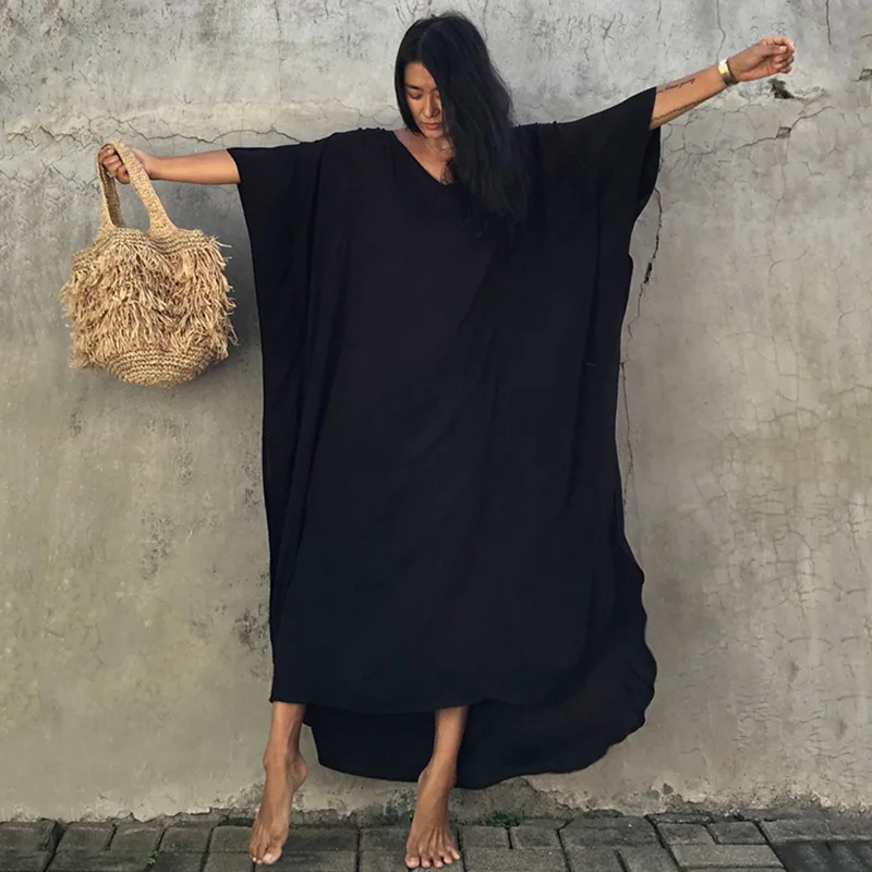 FORERUN Beach Cover Up Kaftan Woman Long Dress Solid Cotton Bat
