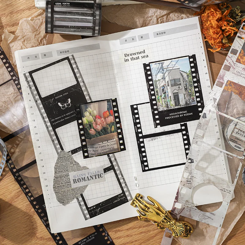 Yoofun 5/6x200cm Retro Camera Film PET Tape Stickers Creative Filmstrip Masking Tape for Card Making Scrapbooking Journaling 3