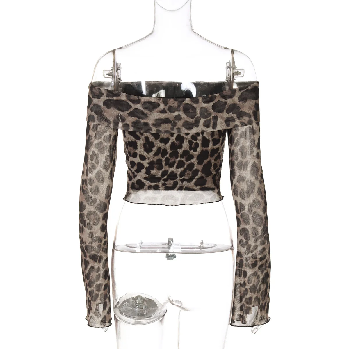 Leopard Printed Mesh T-shirt Top For Women Off-Shoulder Long Sleeve Cropped Y2k Top Pullover Contrast Female Slim Tee