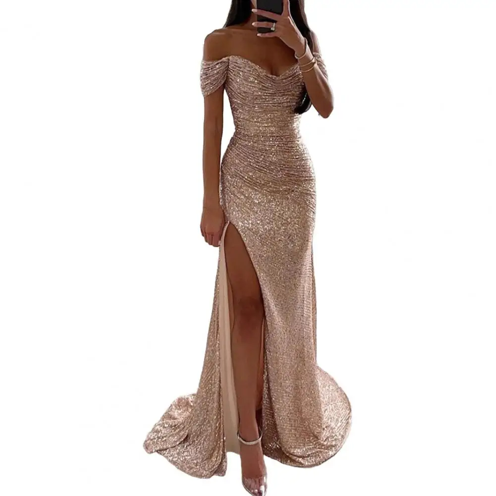 Sequin Party Dress Women Formal Dress Elegant Sequin Prom Dress with Slit Off-shoulder Design for Women Sparkly for Parties