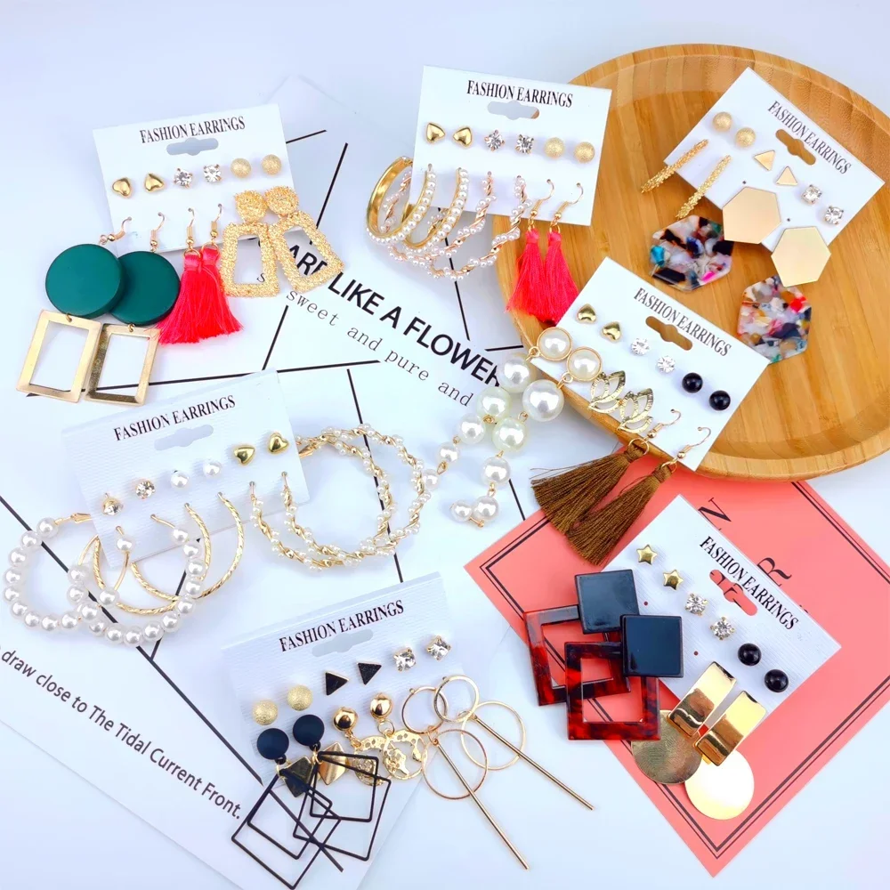 Women Earrings Set Tassel Pearl Bohemian Fashion Geometric Kolczyki Hoop dangle earrings,hoop earrings,pearl earrings,crystal tassel earrings