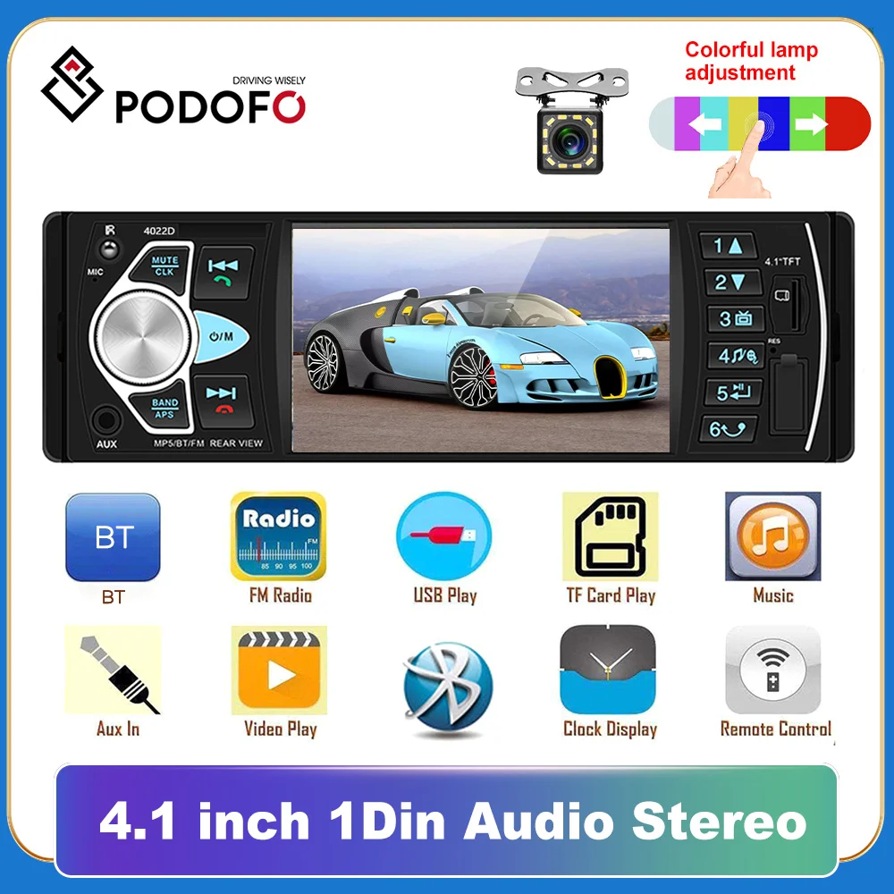 

Podofo Car Radio 1 din Car MP3 4.1'' HD Touch Screen Player with Bluetooth FM Radio Receiver Support TF/USB Rear View Camera