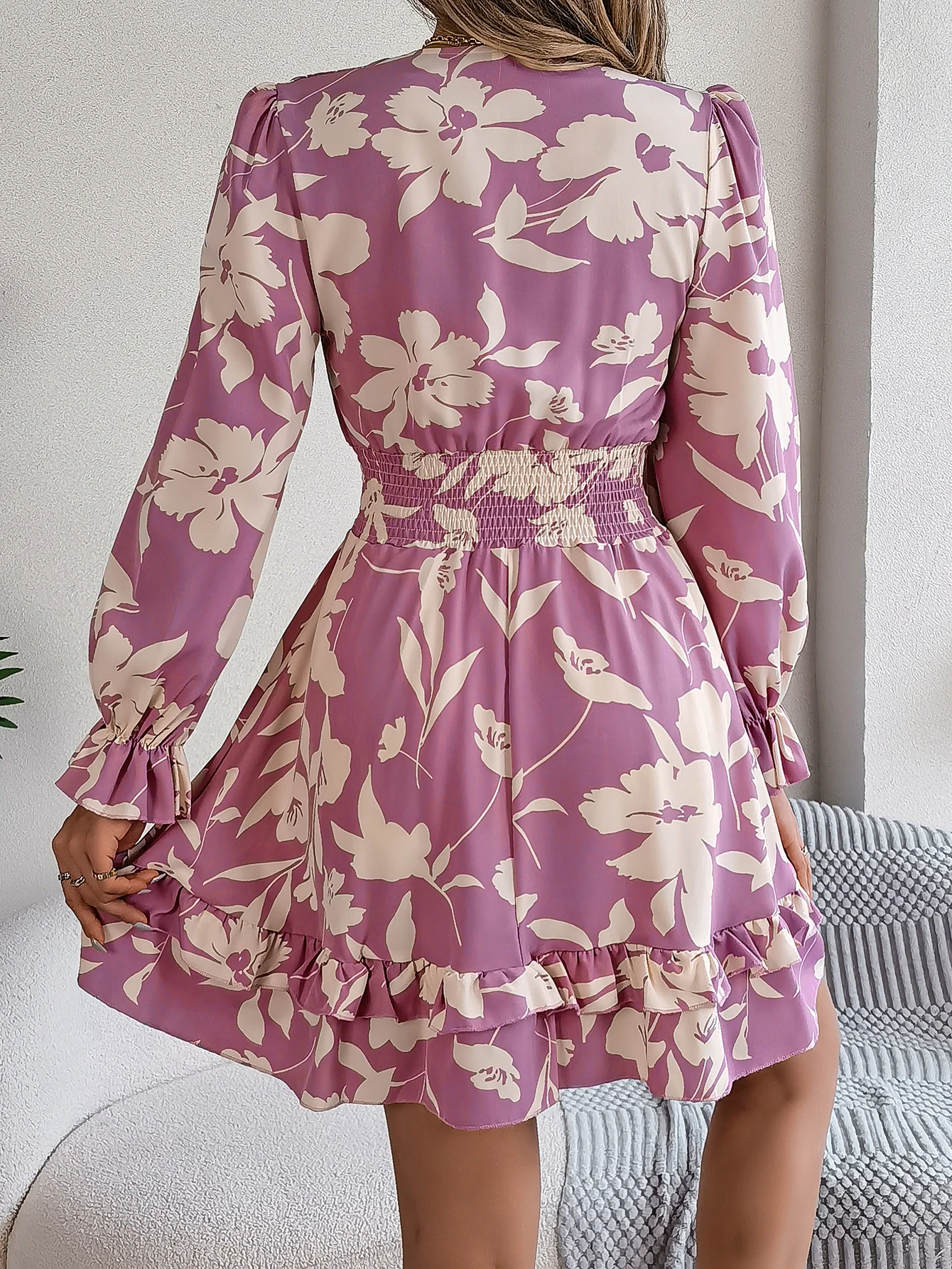 Pink Flower Print V Neck Long Sleeve Mini Dress for Women