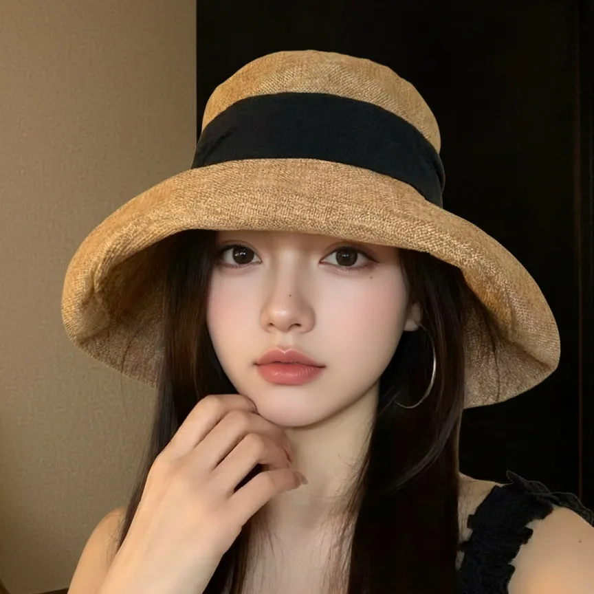 통기성 좋은 린넨 낚시 모자 여성용 넓은 챙 자외선 차단 모자 다용도 얼굴 슬리밍 버킷햇 여름 보호 액세서리