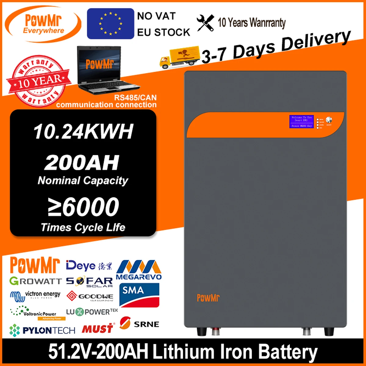 Powmr 51.2V 10Kwh Lifepo4 Batteria 200Ah Powerwall Batteria Al Litio Ferro 6000 + Ciclo Con Monitor Bms Rs485 Can Pc Eu Stock