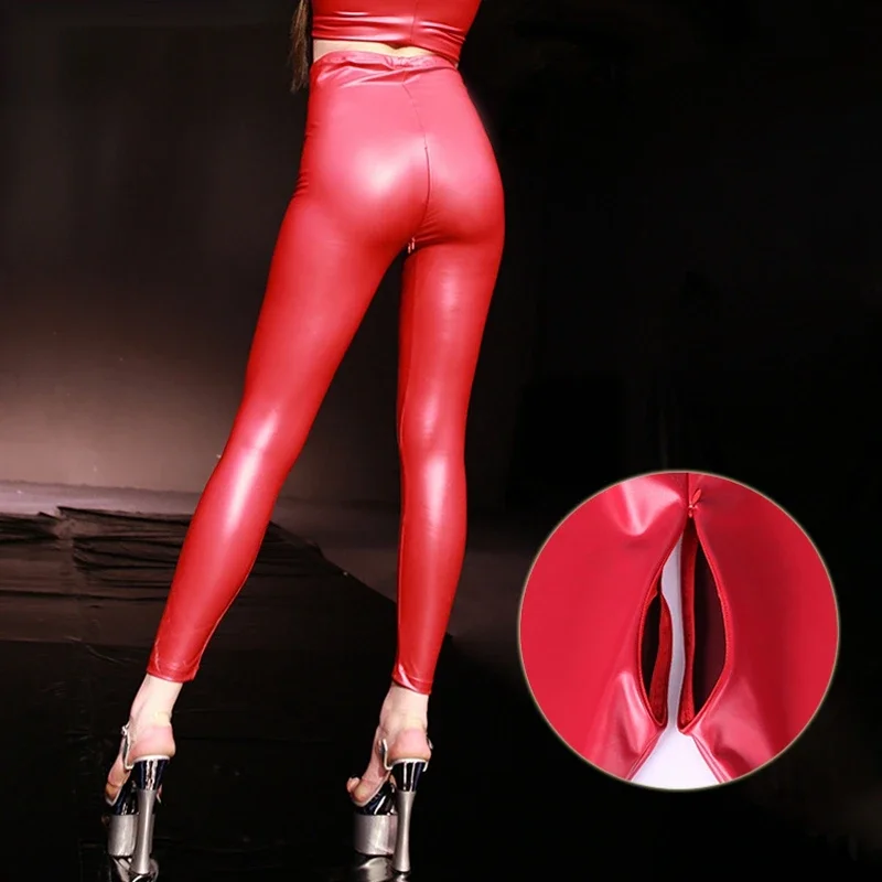 Women's Sexy Red Latex PU Leather Skinny Pants, Open Crotch Legging, Custom Invisible Zipper, Night Club Wear, Erotic Clothing