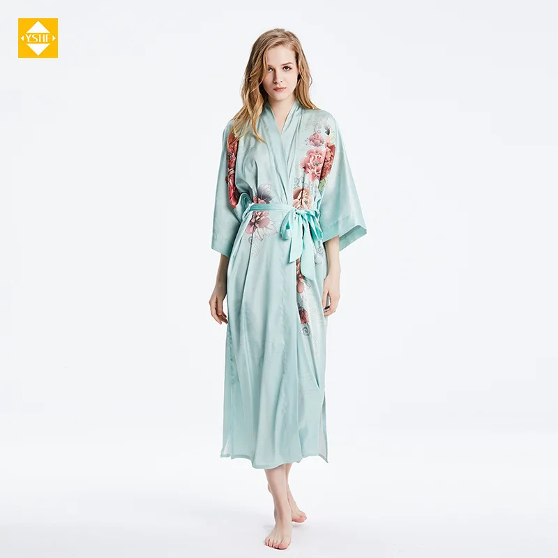 цена Summer Satin silk pajamas women's plus size loose bathrobe 100% Mulberry silk printed homewear Chinese style nightgown