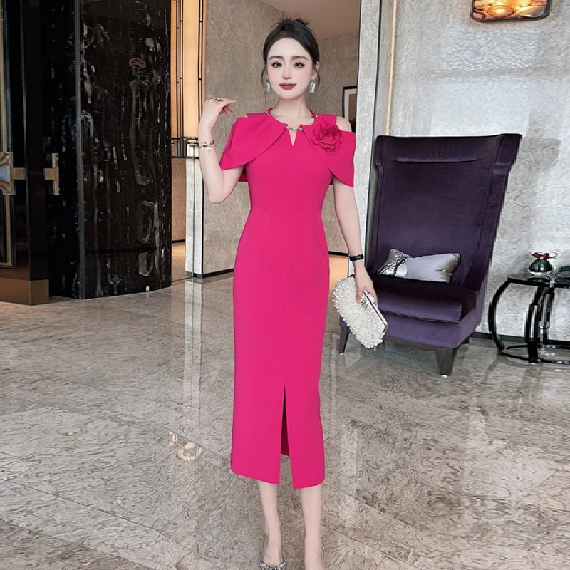 

ZJYT Designer 3D Floral Applique Off The Shoulder Dress Summer Women Elegant Midi Straight Party Dresses Short Sleeve Rose Red