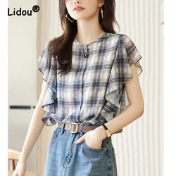 2023 Summer New Round Neck Short Ruffle Sleeves Shirts High Quality Chiffon Design Casual Women's Single-breasted Blouse