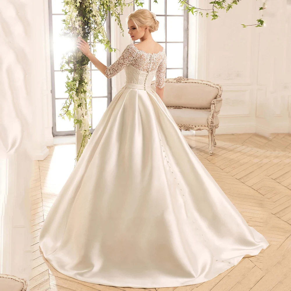 Abiti da sposa moderni Scollo a barca Mezze maniche Abiti da sposa Applicazioni in pizzo Corte-Train Raso A-Line Abiti da sposa PSL 980016 - immagine 2