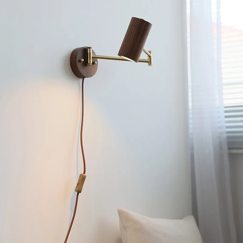 QUASHION Stylish Modern Hotel Wall Lamps Wood Material Body Iron Swing Rotatable Sconce Light Spot Bulb Lustres With Pull Switch