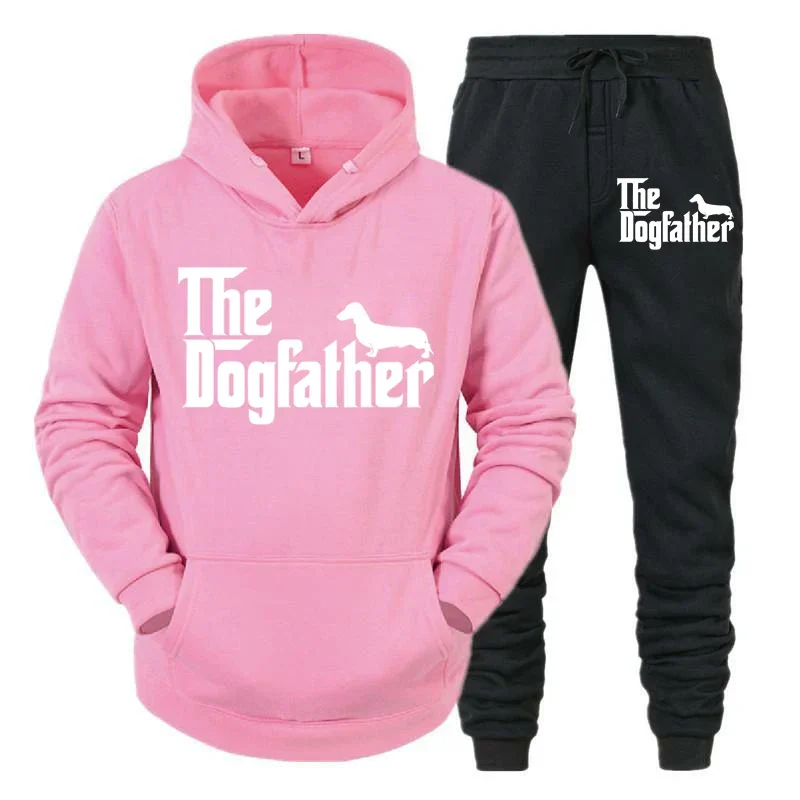 Conjunto de dos piezas "El Dogfather" Divertido chándal casual para amantes de los perros salchichas para hombre Otoño Conjunto de ropa deportiva holgada con capucha estilo hip hop con animales