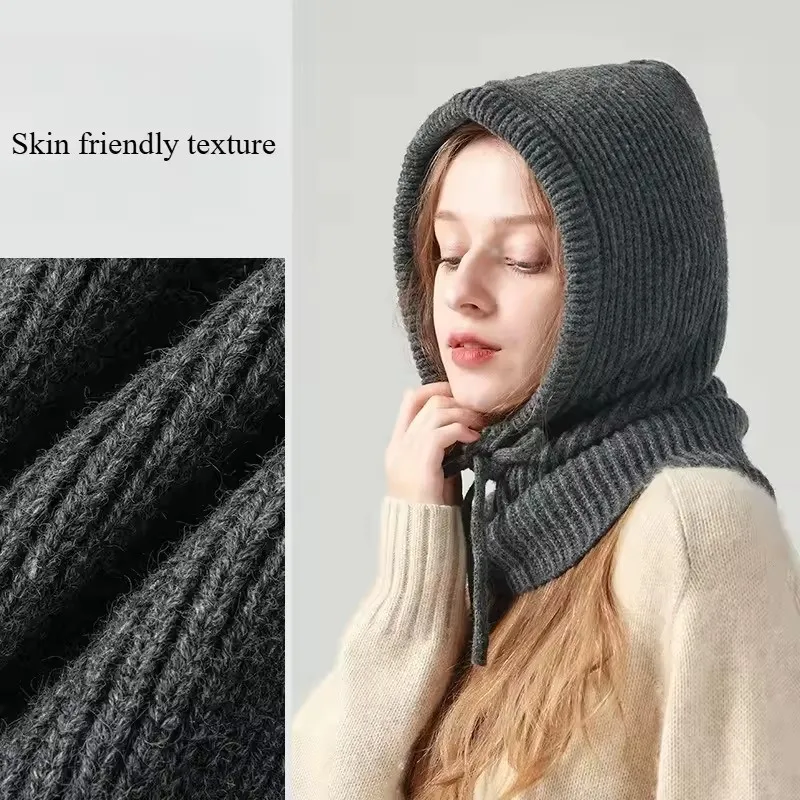 Winter Knitted Hooded Scarf Hat Women Warm Ear Protection Cap Outdoor Cycling Cold-Proof Integrated Neck Warmer Fashion Hat