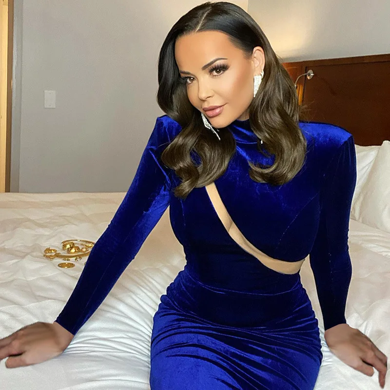Mesh Patchwork Bodycon Maxi Dress For Women Blue Autumn Winter New Turtleneck Long Sleeve Split Dress Elegant Clothes