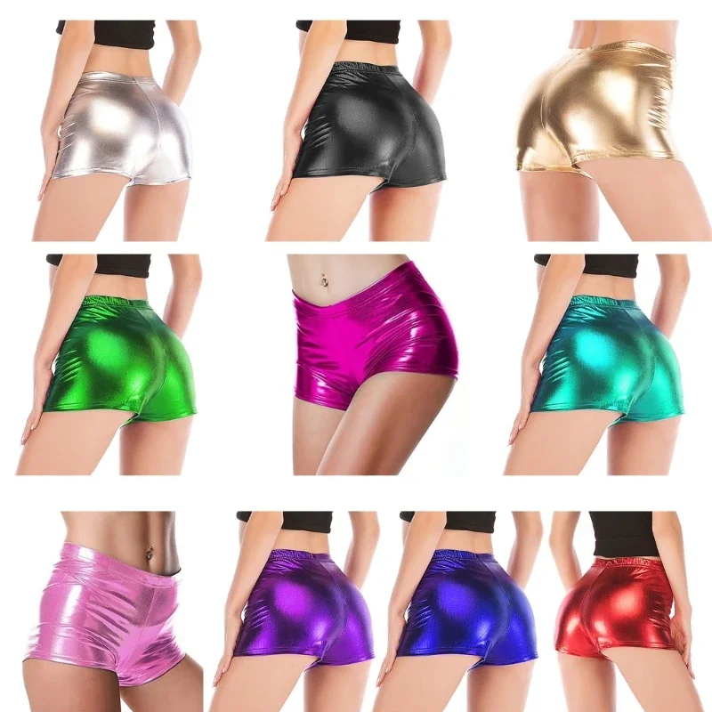 

Womens Glitter Metallic PU Leather Booty Shorts Elastic Waist Solid Color Hotpants with Tight Fit Shorts